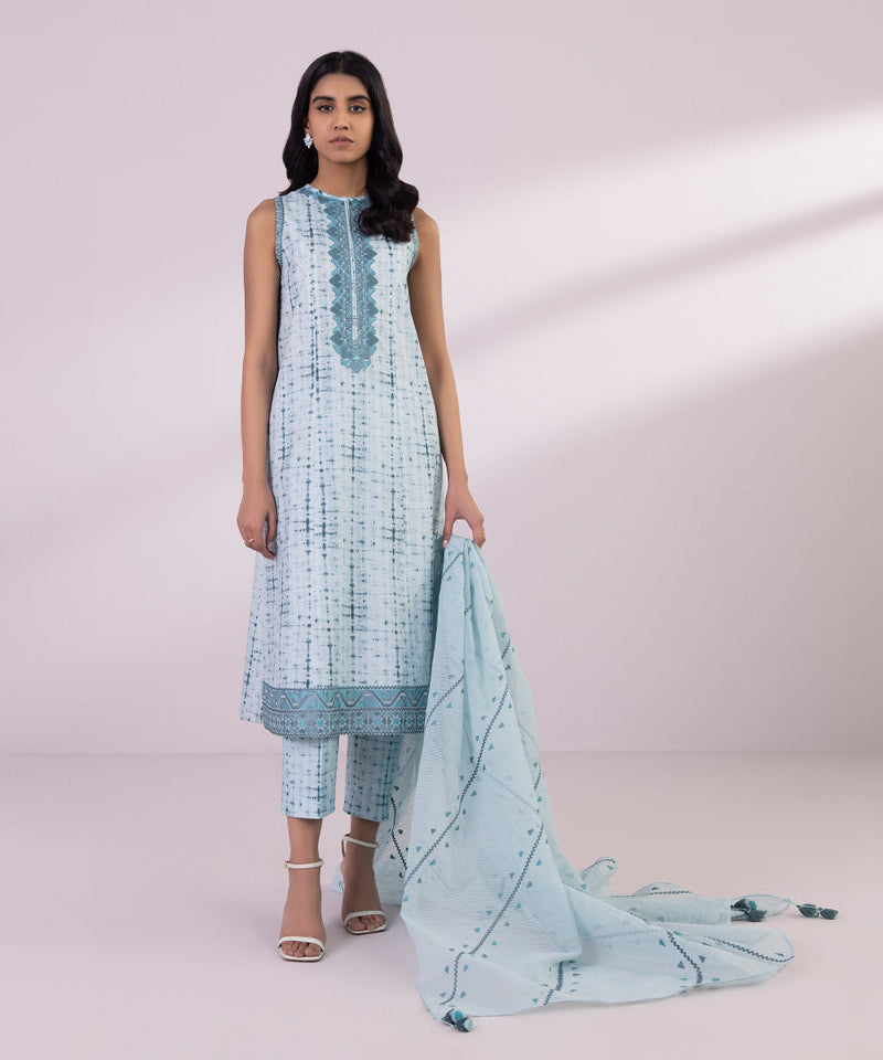 3 Piece - Embroidered Cotton Satin Suit