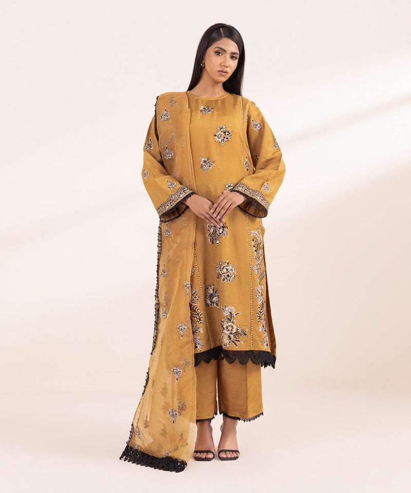 3 Piece - Embroidered Raw Silk Suit