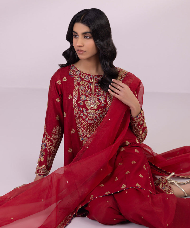 3 Piece - Embroidered Raw Silk Suit