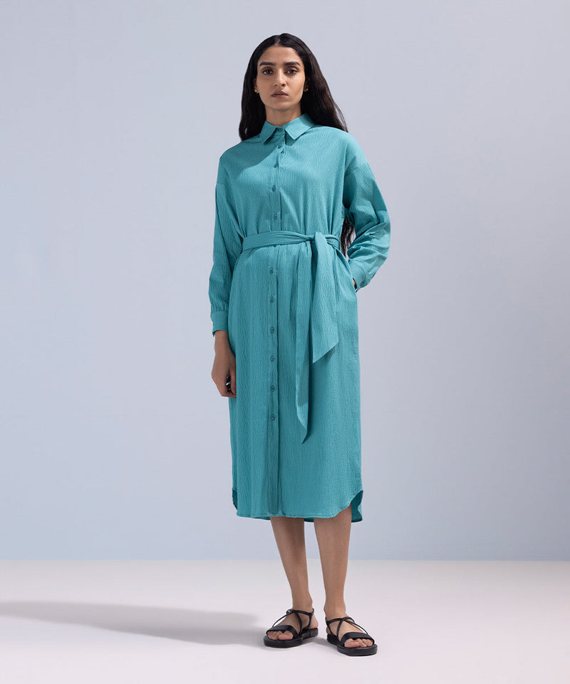 Seersucker Dress With Belt