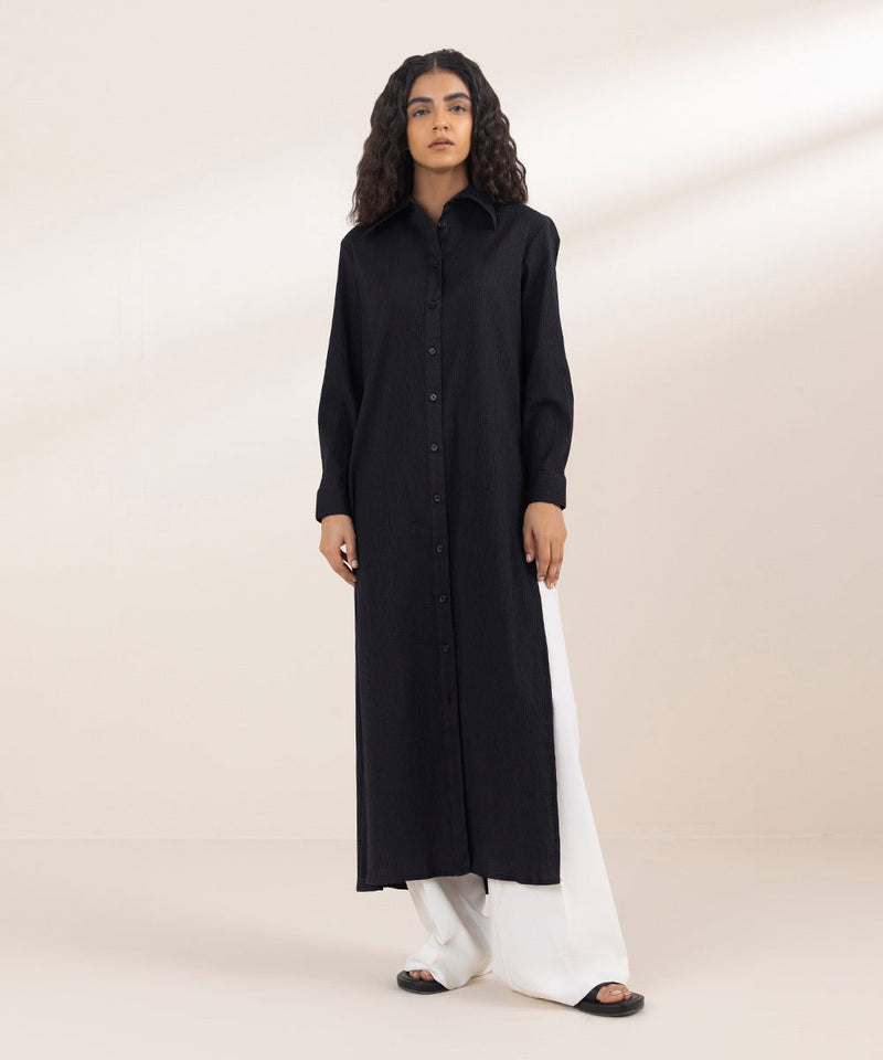 Seersucker Dress With Side Slits