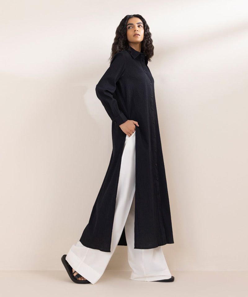 Seersucker Dress With Side Slits