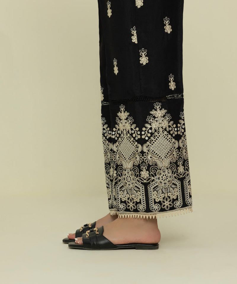 Embroidered Raw Silk Pants