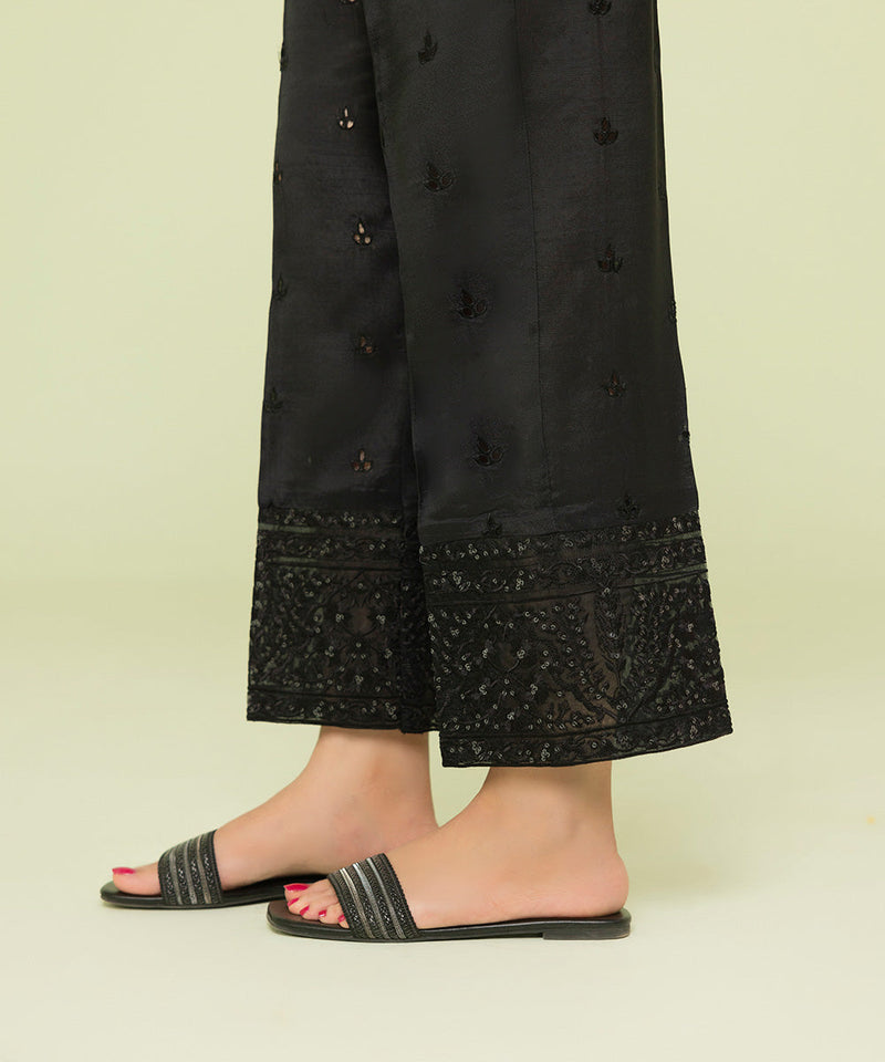 Embroidered Raw Silk Pants