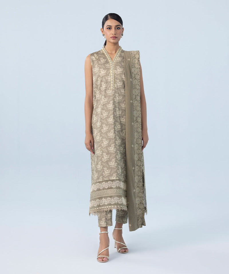 3 Piece - Embroidered Cotton Satin Suit