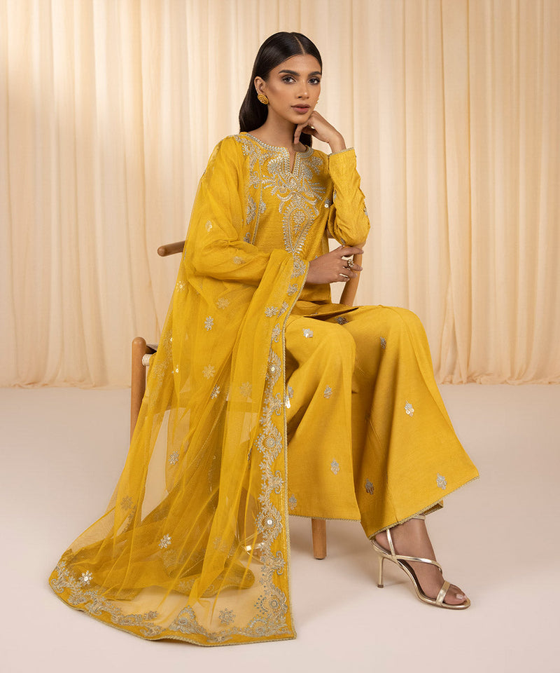3 Piece - Embroidered Raw Silk Suit