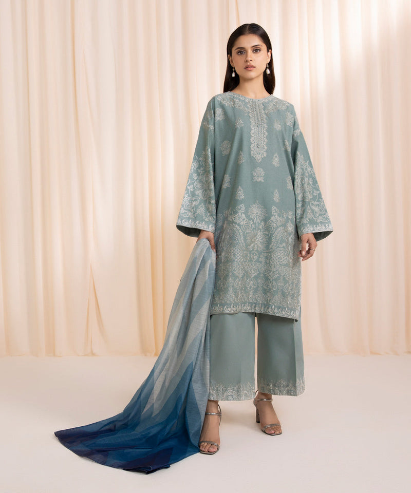 3 Piece - Embroidered Cotton Karandi Suit
