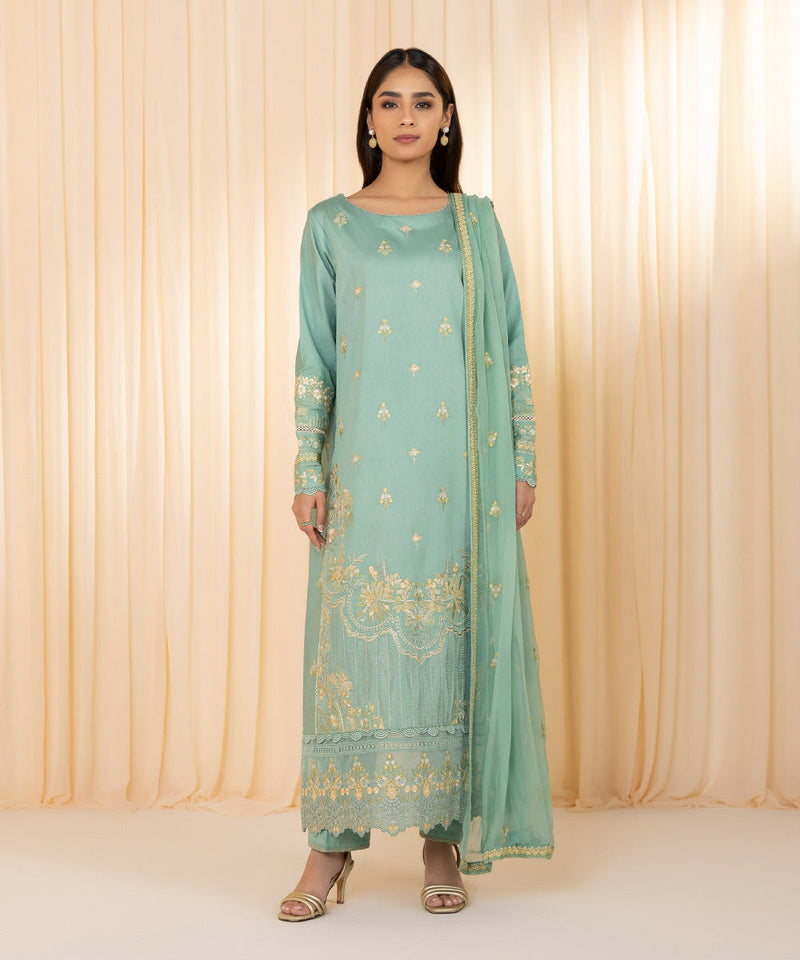 3 Piece - Embroidered Cotton Satin Suit