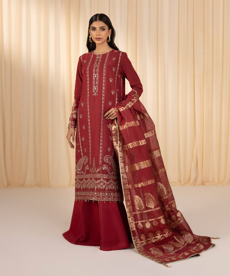 3 Piece - Embroidered Raw Silk Suit