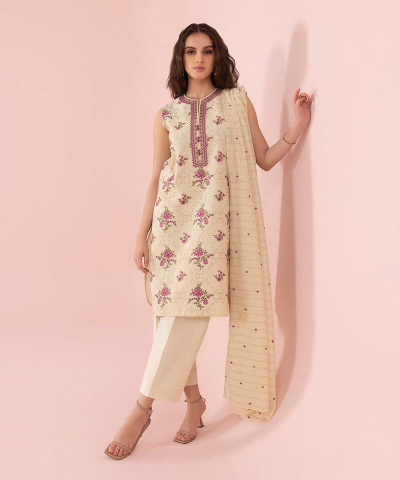 3 Piece - Embroidered Cotton Jacquard Suit