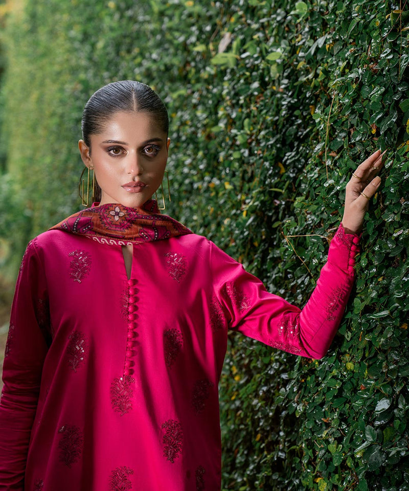 3 Piece - Embroidered Cotton Satin Suit